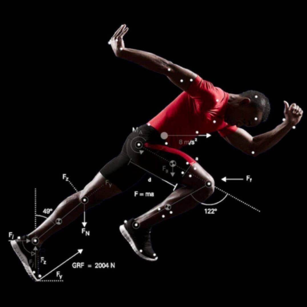 Running man with biomechanical measures overlaid to illustrate angles and forces